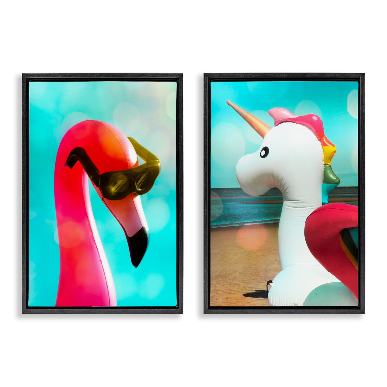 Stupell Industries Unicorn & Flamingo Basking 2pc Floater Framed Canvas Wall Art Set Design by Graffi*tee Studios